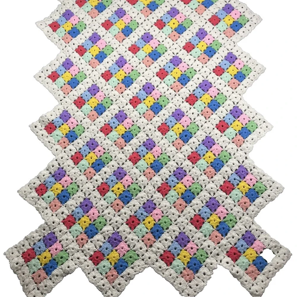 VTG Colorful Crochet Medallion Afghan Blanket 43x65 Granny Square Couch Throw